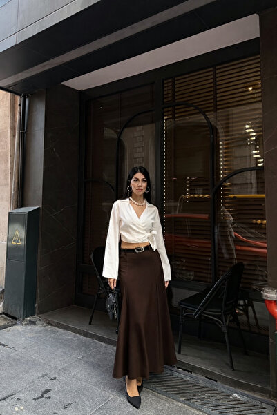 kikiriktekstil 10949 Women's Belt Detailed Full Flared Midi Length Fabric Skirt