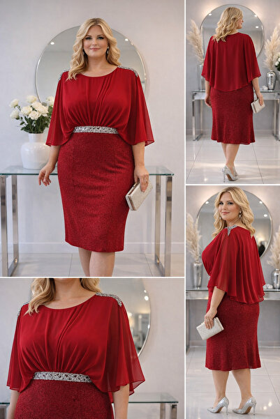 Donna Miranda Büyük Beden Midi Abiye Elbise Drapeli Şifon Üstlü Taşlı Bel Det...