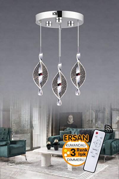 Ersan Avize Lena 3'lü Krom Kumandalı 3 Renk Işık Özellikli Dimmerli Modern Sa...