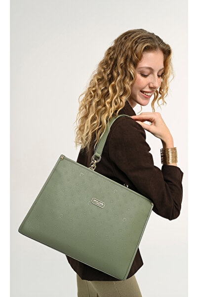 Pierre Cardin Green Zipper Closure Inner Pocket Print Women's Shoulder Bag 05...