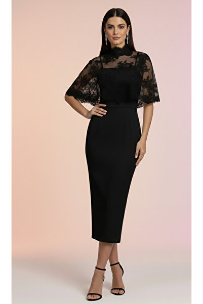 Elif Naz Moda Evi siyah fıransız dantel etol ip askılı straplez midi elbise