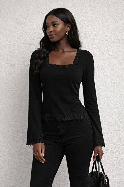 kikiriktekstil 10950 بلوزة نسائية ذات ياقة مربعة وتفاصيل دانتيل على الطراز ال...