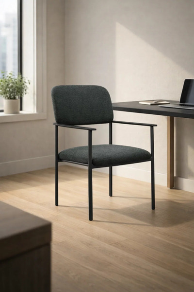 MARIA HOMES Modern Dark Grey Upholstered Dining Chair with Arms Black Metal B...