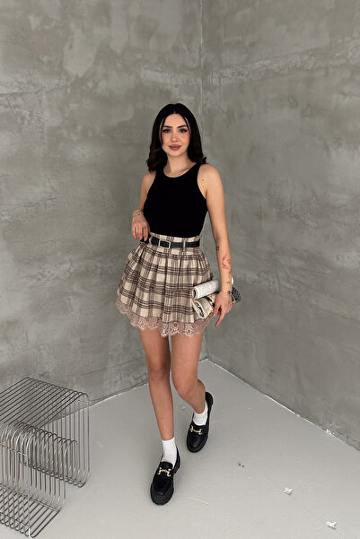 MİROR Women's Belted Lace Detailed Mini Skirt