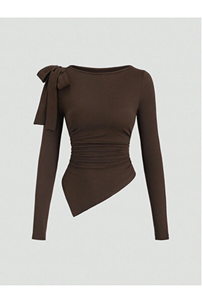 blck & premium Fiyonk Detaylı Kahve Usa Trend Asimetrik Viscone Bluz