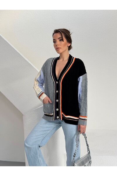 ALVOR Colorful Cardigan with Gray Striped Shirt Detail