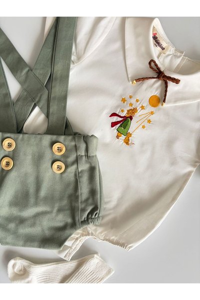il mio bambino Handmade 100% Cotton Baby Boy Little Prince Embroidered Long Shirt and Short Romper