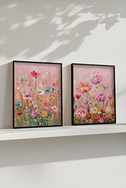 STARYUNA Black Wooden Framed Pastel Flower Garden Double Painting Set Yuna542