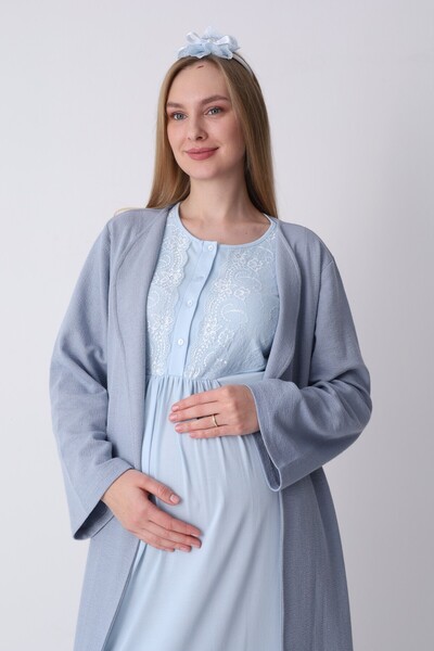 BLACKMORE Women's Blue Shawl Collar Lace Design Cotton Summer Maternity Night...