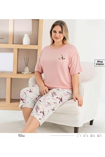 İpek Women's Short Sleeve Capri Crew Neck Plus Size Floral Pattern Pajama Set