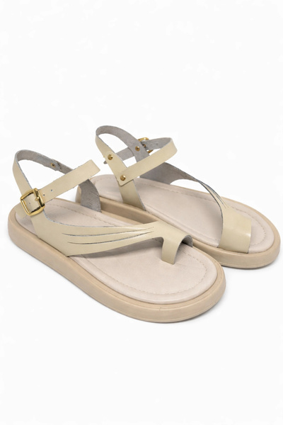 Lively Stylish Luna Women's Cream Genuine Leather Flip-Flop Flat Casual Comfo...