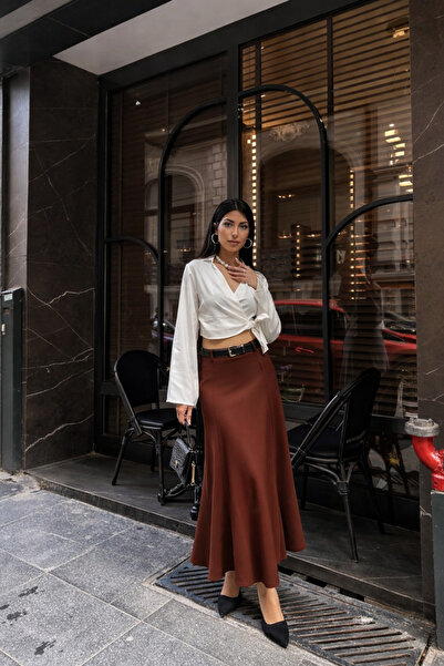 kikiriktekstil 10949 Women's Belt Detailed Full Flared Midi Length Fabric Skirt