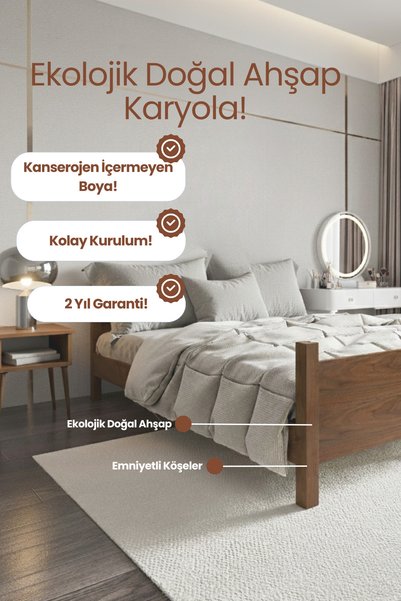 RENAZZO Melodi Çift Başlıklı Ahşap Karyola - Modern Doğal Çam Masif Ahşap Kar...