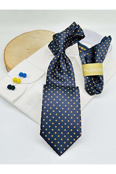 Gutiero Cravată clasică cu șervețele cu puncte aurii bleumarin