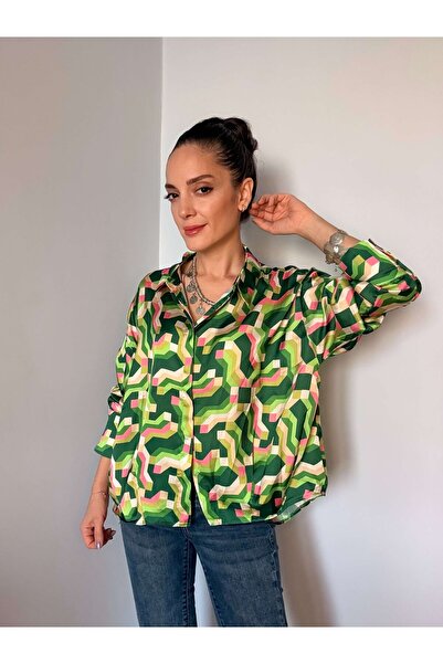 Ali Butik Retro Yeşil Desenli Saten Gömlek