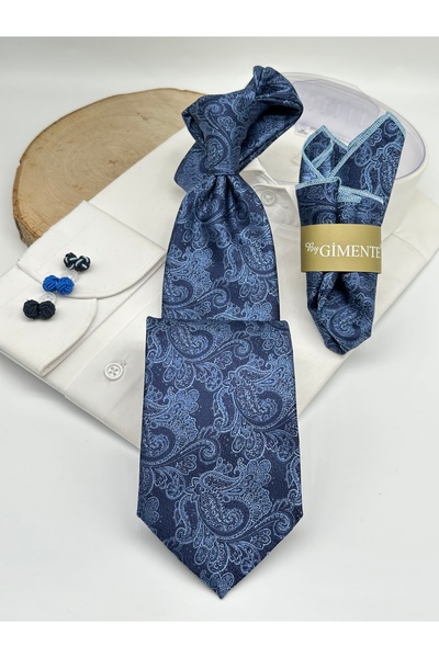Gutiero Navy Blue Shawl Patterned Classic Tie with Handkerchief