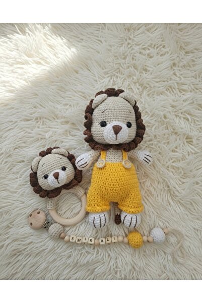 Zey's Amigurumi Amigurumi Aslan Yenidoğan Set Uyku Arkadaşı,Emzik zinciri, Çı...