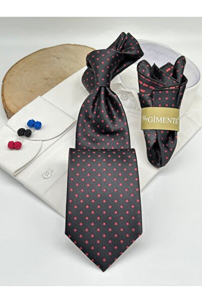 Gutiero Black Classic Tie with Red Dots and Handkerchief