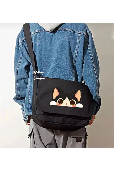 Minga London Black Cute Cat Printed Messenger Bag Without Pockets -Mingalondon