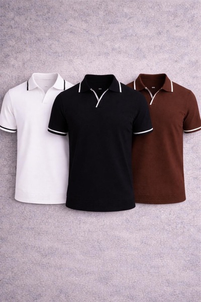oneoff Men's Polo Collar T-Shirt with Stripe Detail Slim Fit Cotton Short Sle...