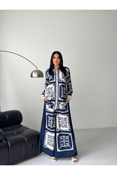 WellWay Atlas Fabric Tunic Shirt & Trousers 2-Piece Set-Blue Floral-2619