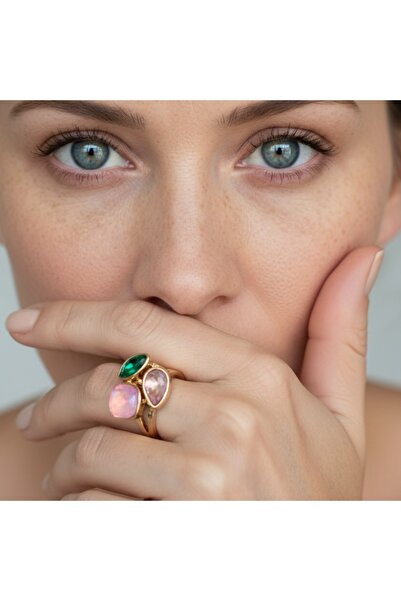 COCOSH TAKI Gold renk zümrüt yeşil pembe taşlı ayarlanabilir şık yüzük