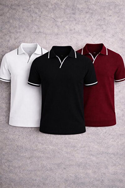 oneoff Men's Polo Collar T-Shirt with Stripe Detail Slim Fit Cotton Short Sle...