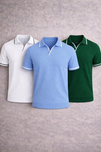oneoff Men's Polo Collar T-Shirt with Stripe Detail Slim Fit Cotton Short Sle...