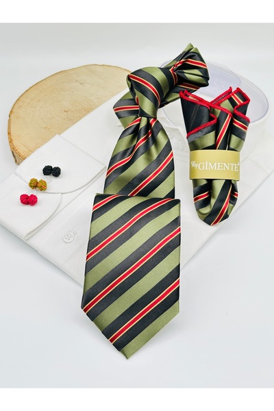 Gutiero Cravată clasică cu dungi kaki și batistă