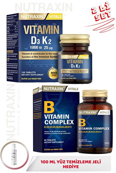Nutraxin D3K2 Vitamini 120 Tablet + B Complex 60 Tablet + 100ml Yüz Yıkama Je...
