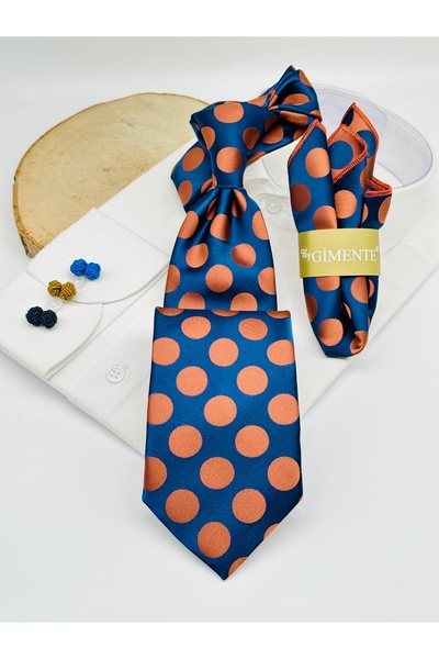 Gutiero Navy Blue Orange Polka Dot Classic Tie with Handkerchief