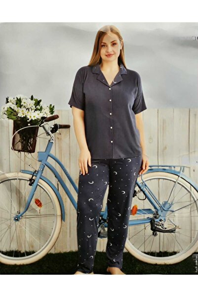 Pijamoni Milan Shirt Collar Front Buttoned Oversize Size Short-Sleeved Pajama...