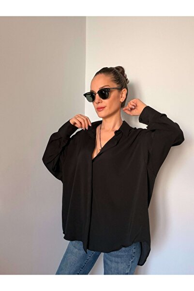 Ali Butik Siyah Gizli Düğmeli Oversize Saten Gömlek