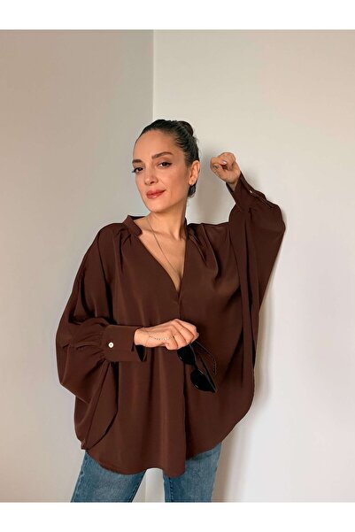 Ali Butik Kahve Yarasa Kol V Yaka Tasarım Gömlek