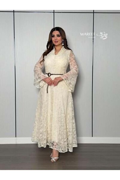 WAREEF FASHION Elegant cream Lace dress with sheer sleeves and a soft waist belt