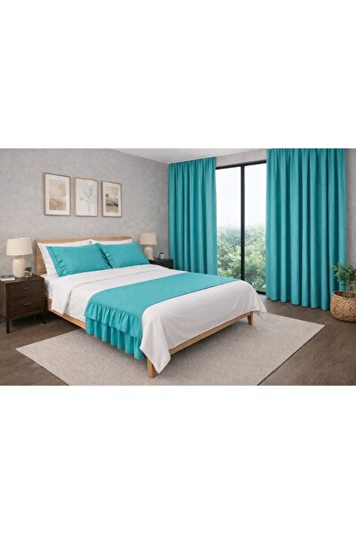 NAKKAŞİ ZARİF Turquoise Bed Runner and Background Curtain Set