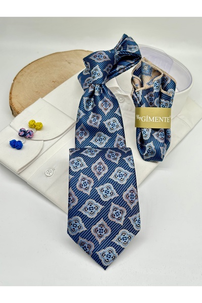 Gutiero Navy Blue Patterned Classic Tie with Handkerchief