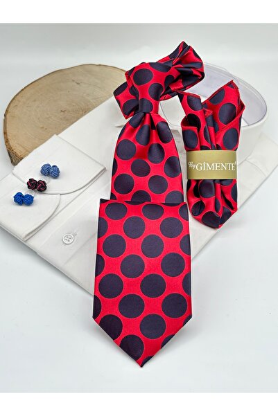 Gutiero Red Navy Blue Polka Dot Classic Tie with Handkerchief