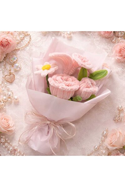 victiny Cutie cu buchet de Floari lucrate manual din sarma plusata 35 cm roz