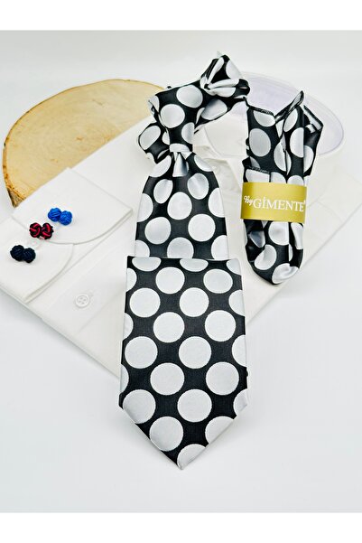 Gutiero Black and White Polka Dot Classic Tie with Handkerchief