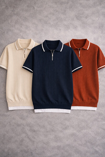 pepule Tricou cu guler polo din tricotaj ribbit pentru bărbați, set de 3 pies...