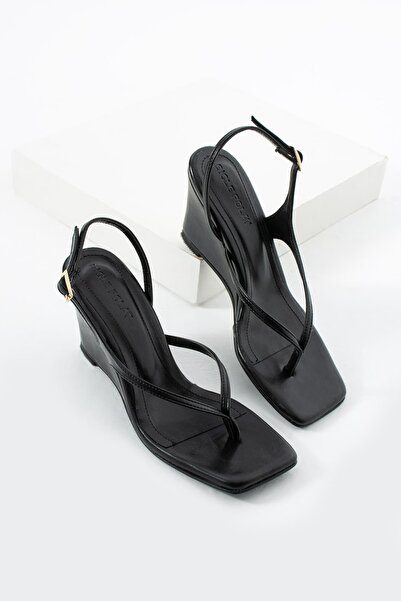 diclepolat Women's Black Wedge Heel Flip-Flop Sandals Square Toe Ankle Strap ...