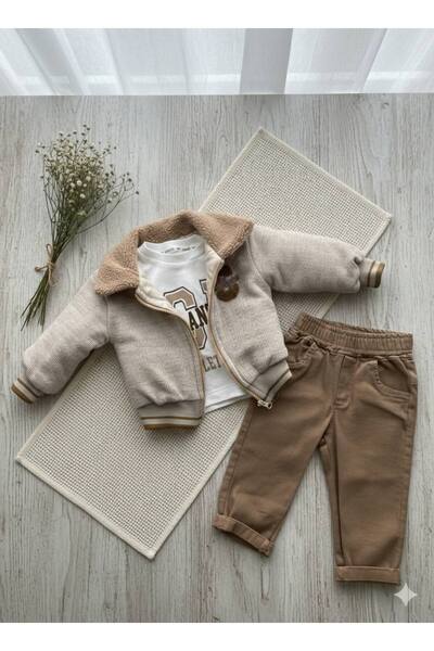 AYDEDE KİDS 100% Cotton Baby Boy 3-Piece Set – Soft-Lined Jacket, Printed T-Shirt, and Cotton Pants