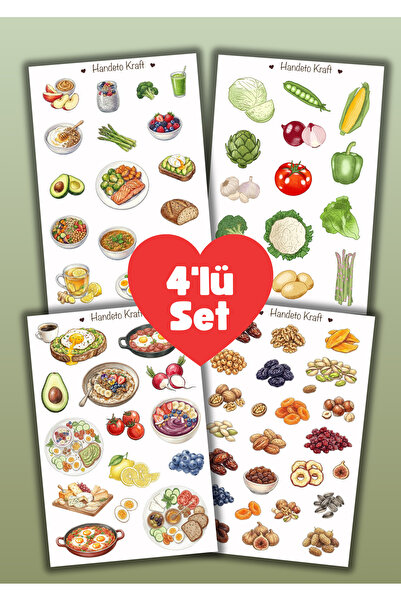 Handeto Kraft 4'lü Sağlıklı Yemekler Sticker Set, Çıkartma, Scrapbook, Bullet...