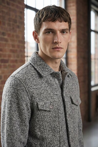 Butikayandon Men's Anthracite Boucle Woven Double Pocket Cashmere Jacket