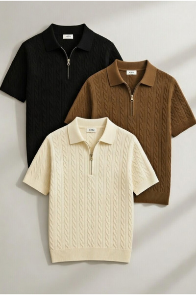 LEYEL Moda 3-Piece Knitted Patterned Knitwear Regular Cotton Multi-Colored T-...