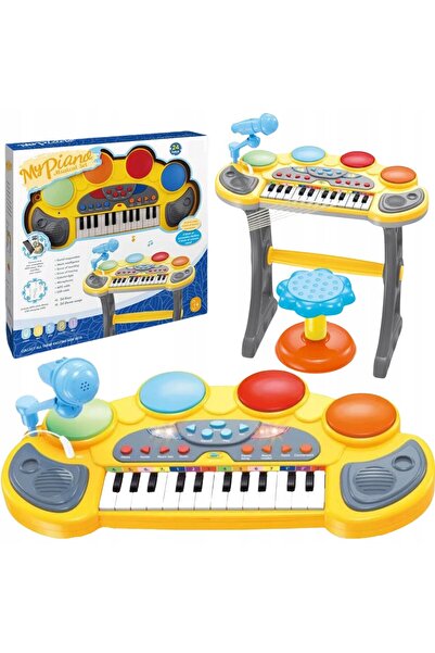PlayFun Set pian electronic cu microfon si scaun, 24 clape, efecte luminoase,...