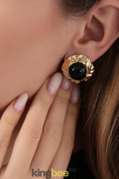 King Bee Nesli̇şah Seri̇ Gold Color Black Onyx Look Vintage Earrings - Retro Stylish Design Bijouterie Earrings
