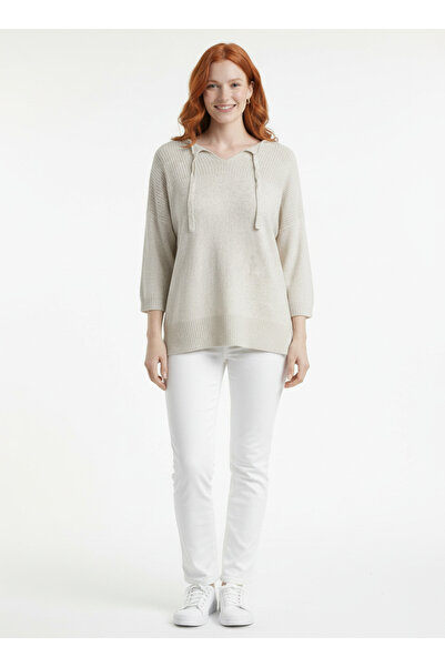 Neden Tekstil Beige Color Hooded Collar Lace-Up Knitwear Blouse