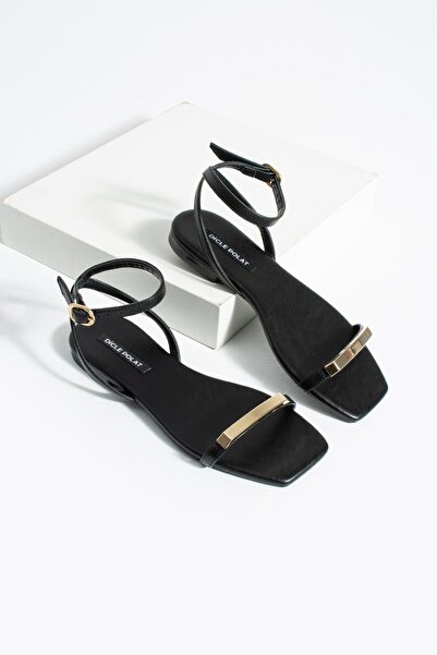diclepolat Women's Black Ankle Strap Sandals with Gold Accessories, Flat Sole...